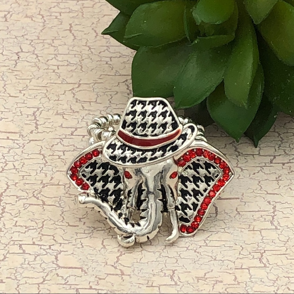 🌼 Houndstooth Elephant Fedora Hat Alabama Pride Silver Stretch Ring